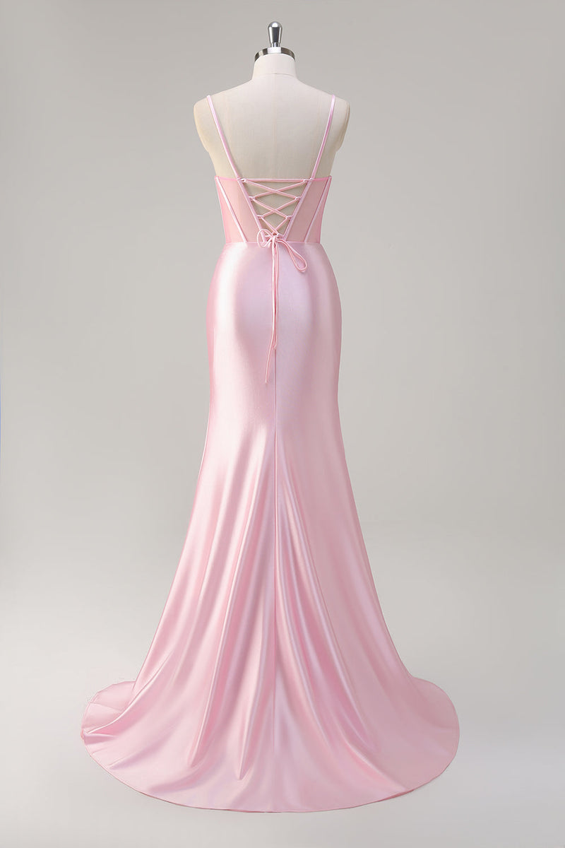 Load image into Gallery viewer, Mermaid Pink Spaghetti Straps Corset Prom Dress with Slit