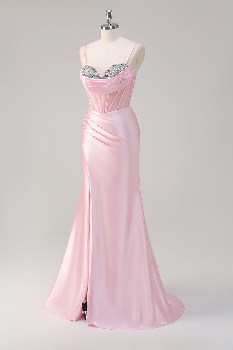 Load image into Gallery viewer, Mermaid Pink Spaghetti Straps Corset Prom Dress with Slit