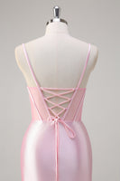 Load image into Gallery viewer, Mermaid Pink Spaghetti Straps Corset Prom Dress with Slit