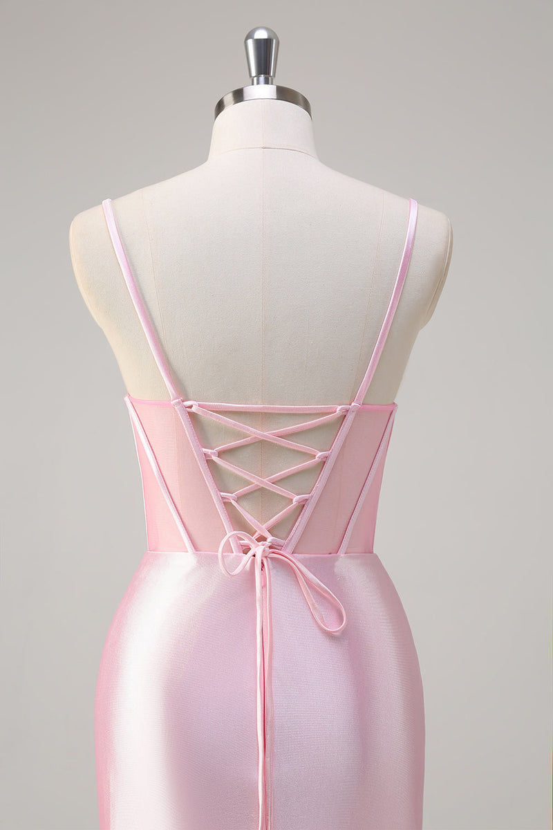 Load image into Gallery viewer, Mermaid Pink Spaghetti Straps Corset Prom Dress with Slit