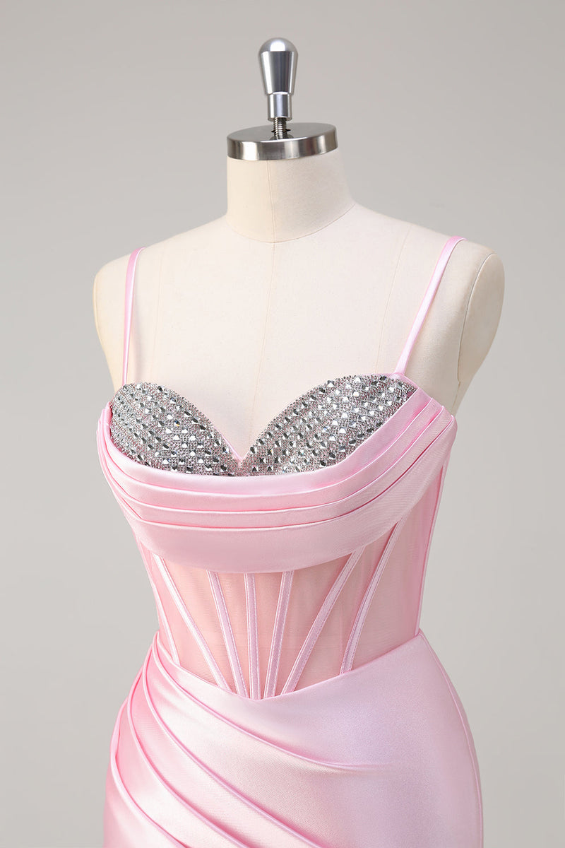 Load image into Gallery viewer, Mermaid Pink Spaghetti Straps Corset Prom Dress with Slit