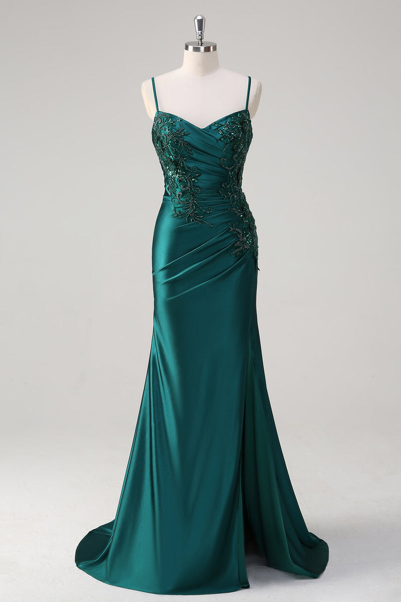 Load image into Gallery viewer, Mermaid Dark Green Spaghetti Straps Prom Dress