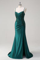 Load image into Gallery viewer, Mermaid Dark Green Spaghetti Straps Prom Dress