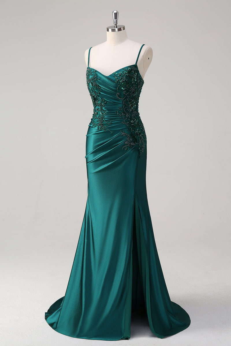 Load image into Gallery viewer, Mermaid Dark Green Spaghetti Straps Prom Dress