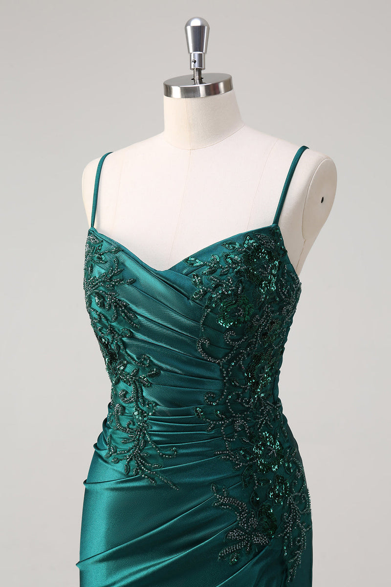 Load image into Gallery viewer, Mermaid Dark Green Spaghetti Straps Prom Dress