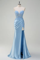 Load image into Gallery viewer, Light Blue Strapless Mermaid Corset Sequin Satin Prom Dress with Slit