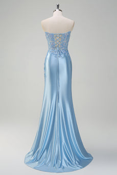 Light Blue Strapless Mermaid Corset Sequin Satin Prom Dress with Slit