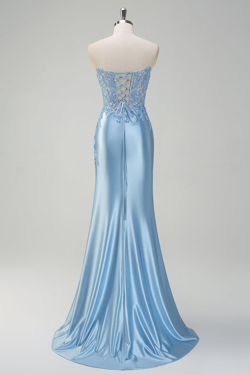 Load image into Gallery viewer, Light Blue Strapless Mermaid Corset Sequin Satin Prom Dress with Slit