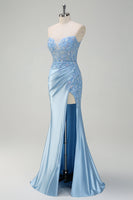 Load image into Gallery viewer, Light Blue Strapless Mermaid Corset Sequin Satin Prom Dress with Slit