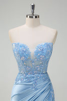Load image into Gallery viewer, Light Blue Strapless Mermaid Corset Sequin Satin Prom Dress with Slit