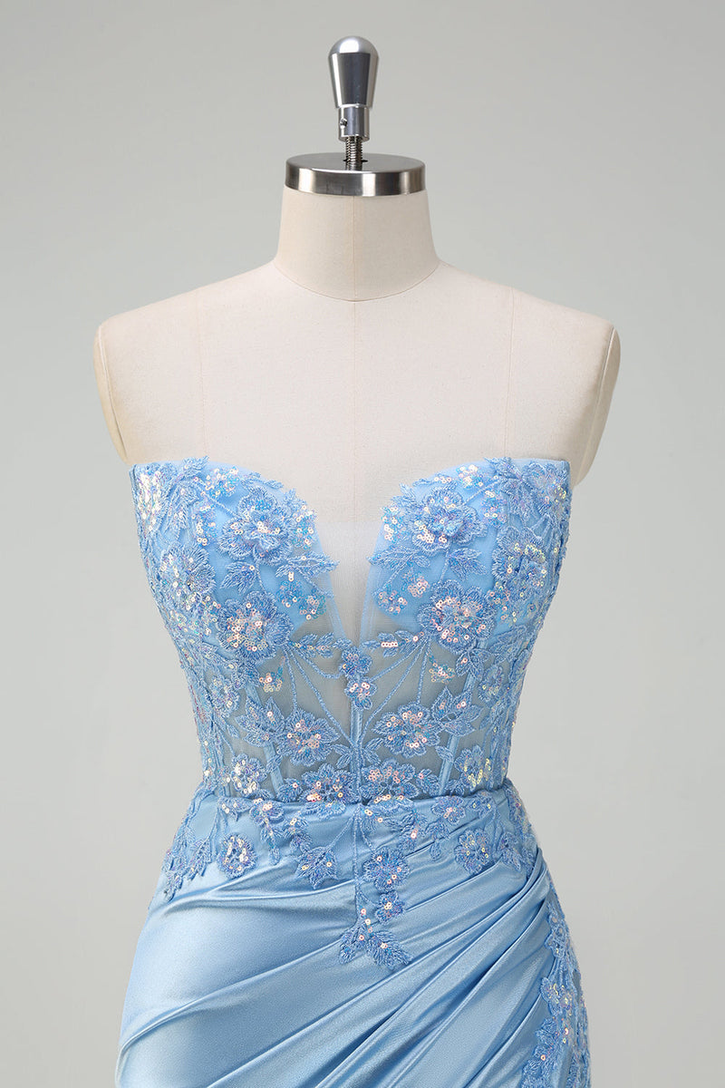 Load image into Gallery viewer, Light Blue Strapless Mermaid Corset Sequin Satin Prom Dress with Slit