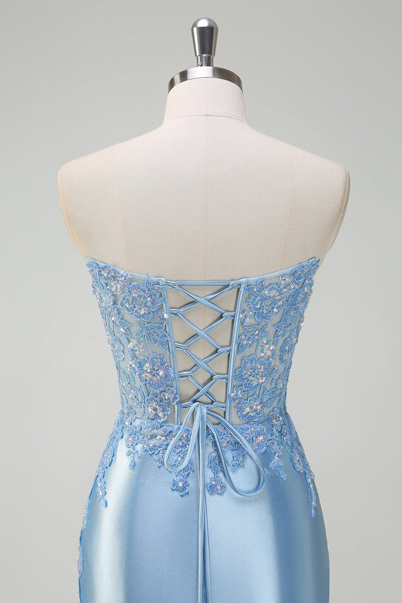 Load image into Gallery viewer, Light Blue Strapless Mermaid Corset Sequin Satin Prom Dress with Slit