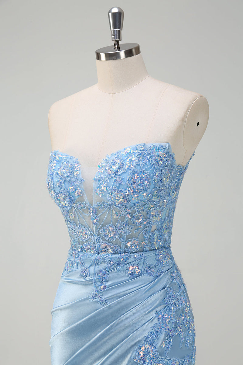 Load image into Gallery viewer, Light Blue Strapless Mermaid Corset Sequin Satin Prom Dress with Slit
