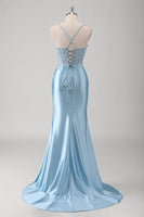 Load image into Gallery viewer, Blue Mermaid Spaghetti Straps Corset Long Prom Dress