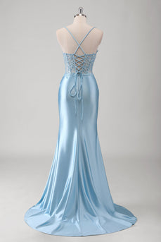 Blue Mermaid Spaghetti Straps Corset Long Prom Dress