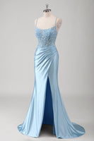 Load image into Gallery viewer, Blue Mermaid Spaghetti Straps Corset Long Prom Dress