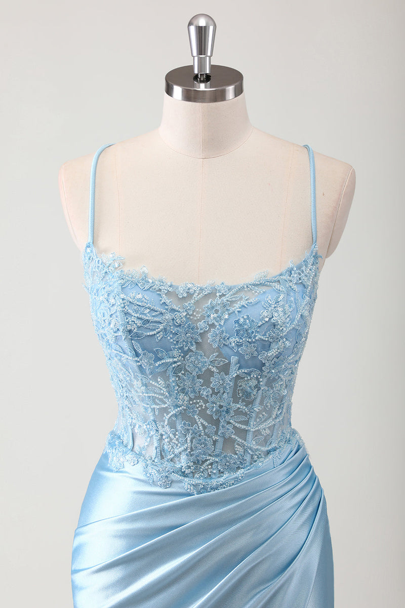 Load image into Gallery viewer, Blue Mermaid Spaghetti Straps Corset Long Prom Dress