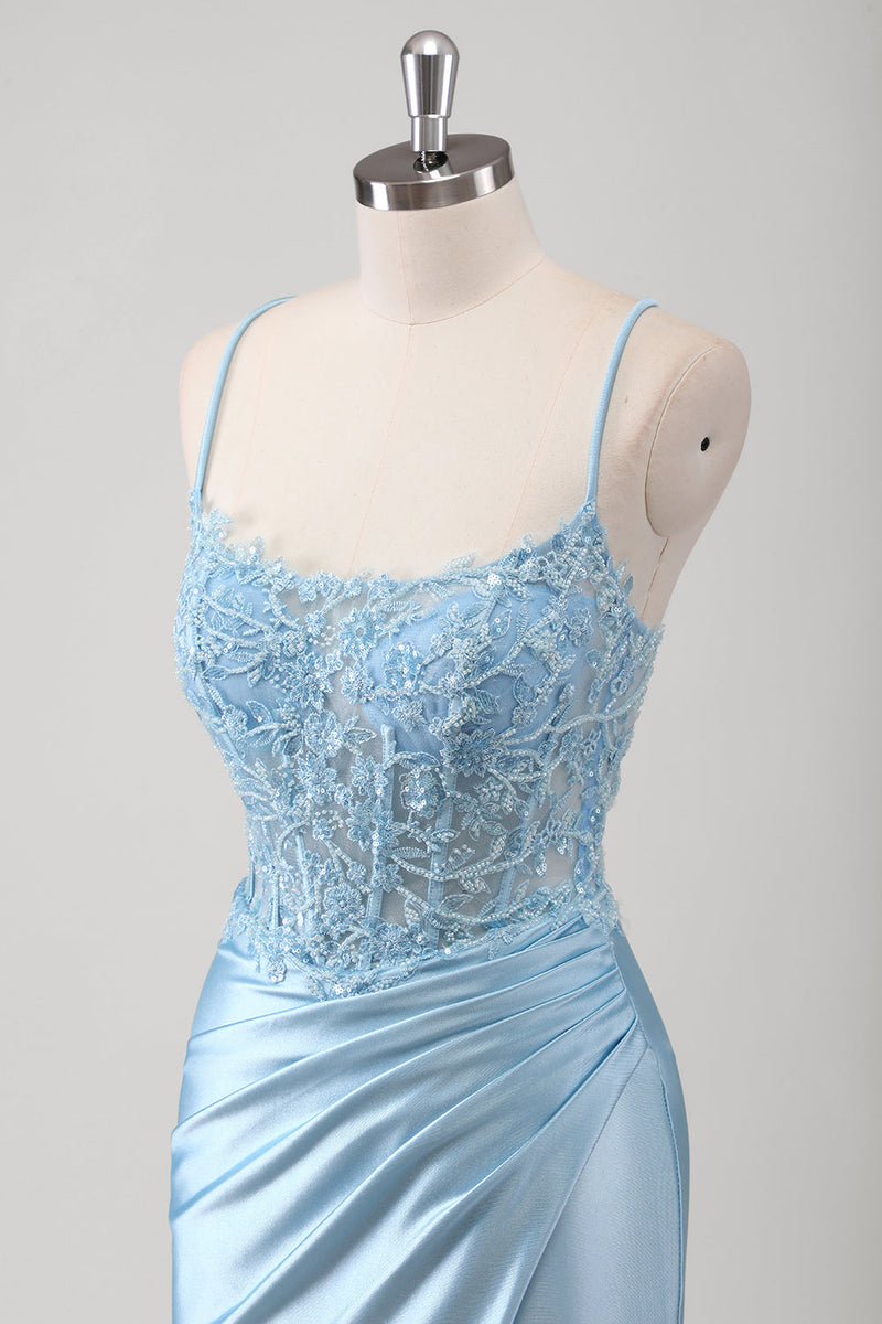 Load image into Gallery viewer, Blue Mermaid Spaghetti Straps Corset Long Prom Dress