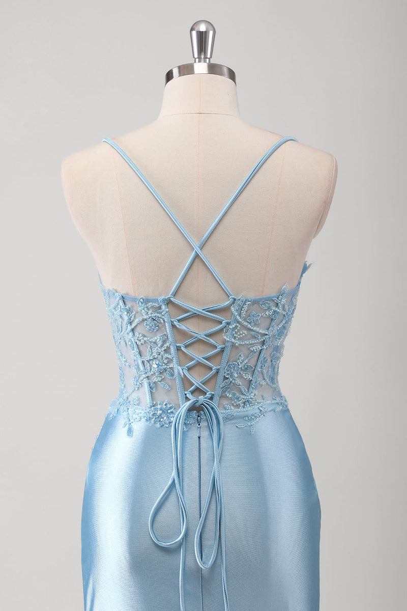 Load image into Gallery viewer, Blue Mermaid Spaghetti Straps Corset Long Prom Dress