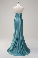 Load image into Gallery viewer, Strapless Grey Green Mermaid Sequin Corset Satin Prom Dress with Slit