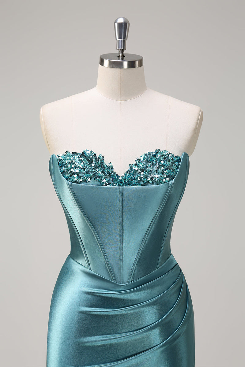Load image into Gallery viewer, Royal Blue Mermaid Strapless Corset Sequin Prom Dress with Slit