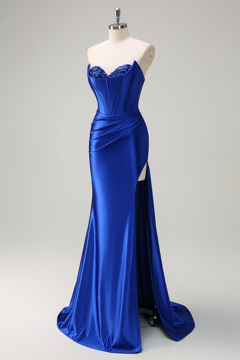 Load image into Gallery viewer, Royal Blue Mermaid Strapless Corset Sequin Prom Dress with Slit