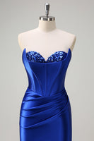 Load image into Gallery viewer, Royal Blue Mermaid Strapless Corset Sequin Prom Dress with Slit