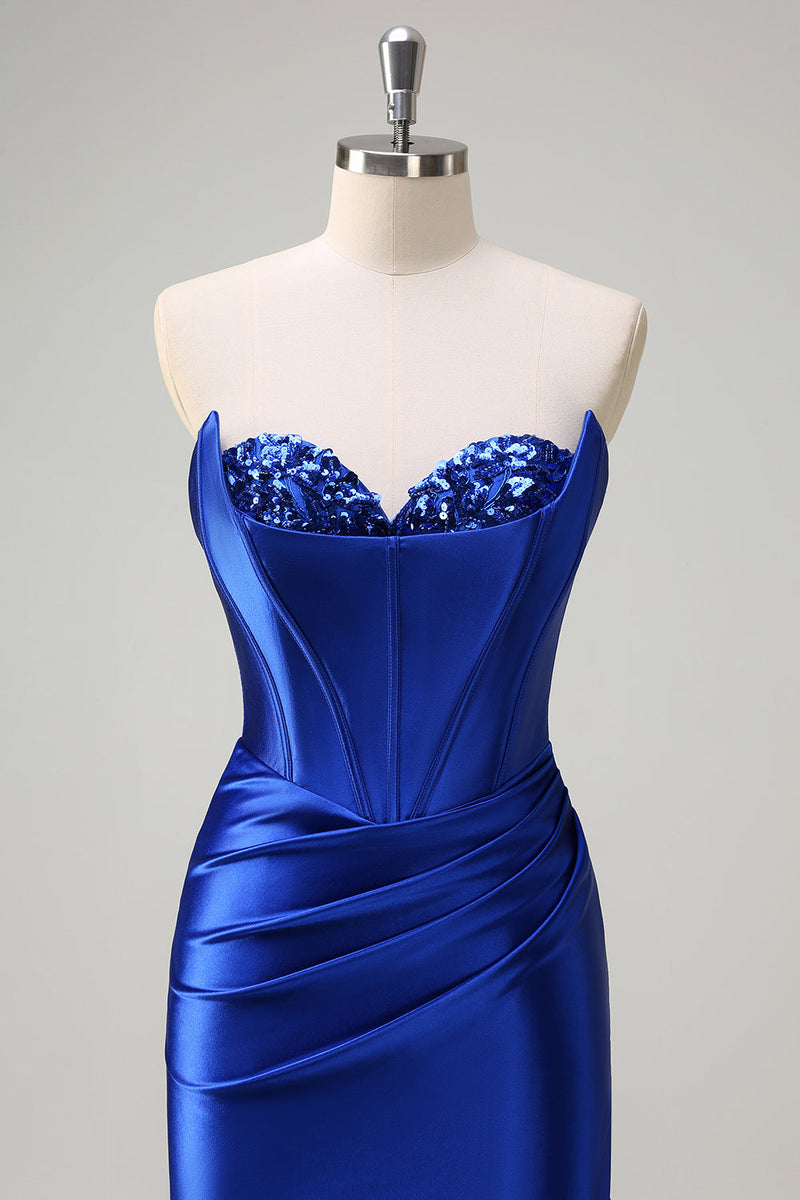 Load image into Gallery viewer, Royal Blue Mermaid Strapless Corset Sequin Prom Dress with Slit