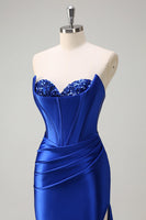 Load image into Gallery viewer, Royal Blue Mermaid Strapless Corset Sequin Prom Dress with Slit