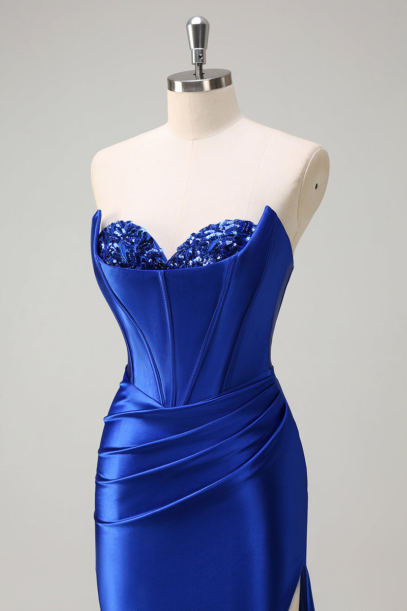 Load image into Gallery viewer, Royal Blue Mermaid Strapless Corset Sequin Prom Dress with Slit