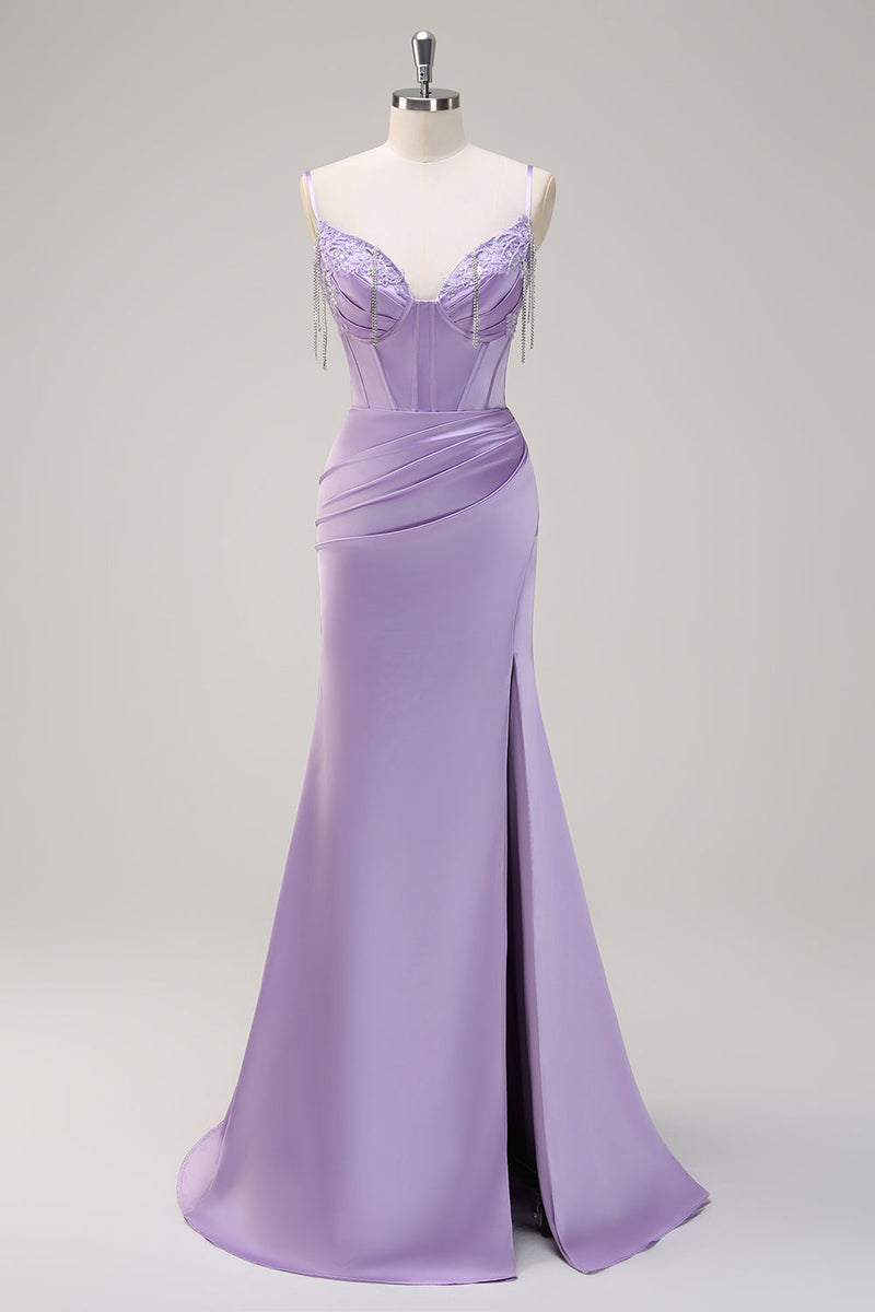 Load image into Gallery viewer, Lilac Mermaid Ruched Corset Beaded Long Prom Dress