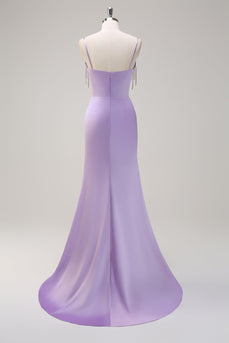 Lilac Mermaid Ruched Corset Beaded Long Prom Dress