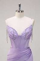 Load image into Gallery viewer, Lilac Mermaid Ruched Corset Beaded Long Prom Dress