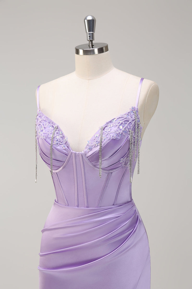 Load image into Gallery viewer, Lilac Mermaid Ruched Corset Beaded Long Prom Dress