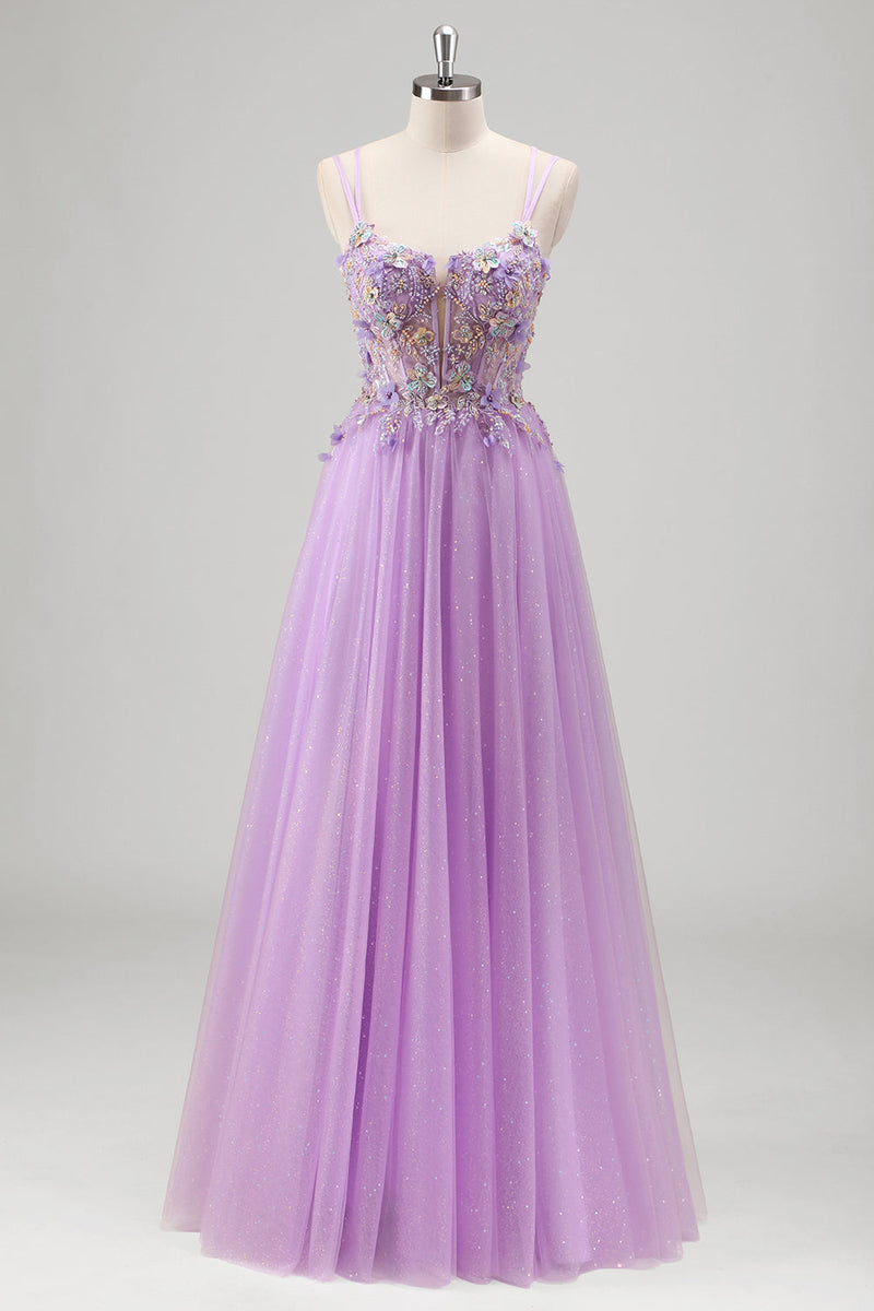 Load image into Gallery viewer, Glitter Floral Beaded Lilac Appliques Corset Prom Dress