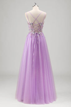 Glitter Floral Beaded Lilac Appliques Corset Prom Dress