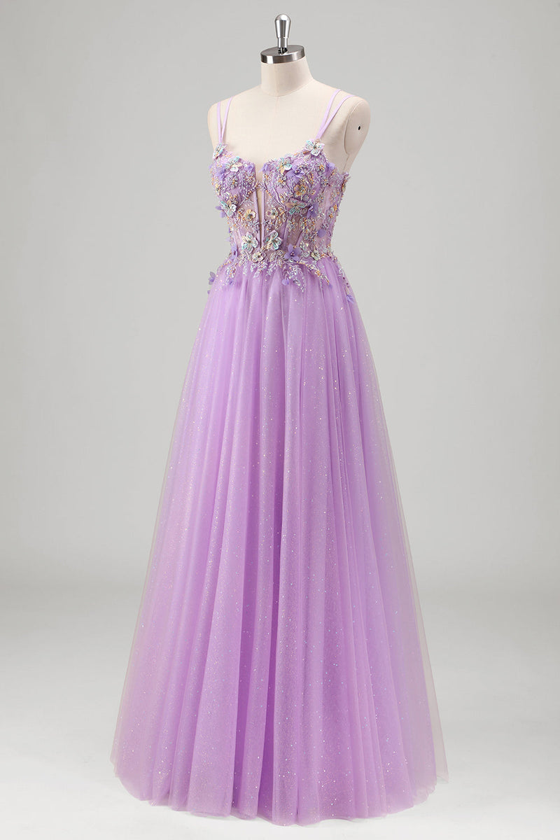 Load image into Gallery viewer, Glitter Floral Beaded Lilac Appliques Corset Prom Dress