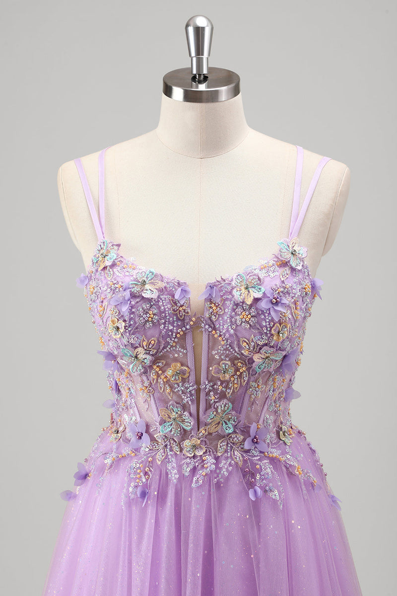 Load image into Gallery viewer, Glitter Floral Beaded Lilac Appliques Corset Prom Dress