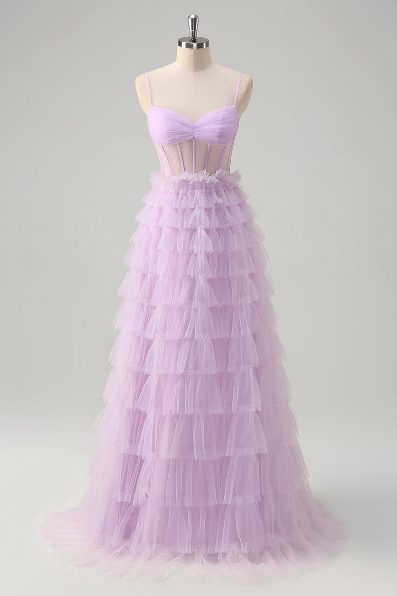 Load image into Gallery viewer, Light Purple A Line Tiered Corset Sheer Long Prom Dress