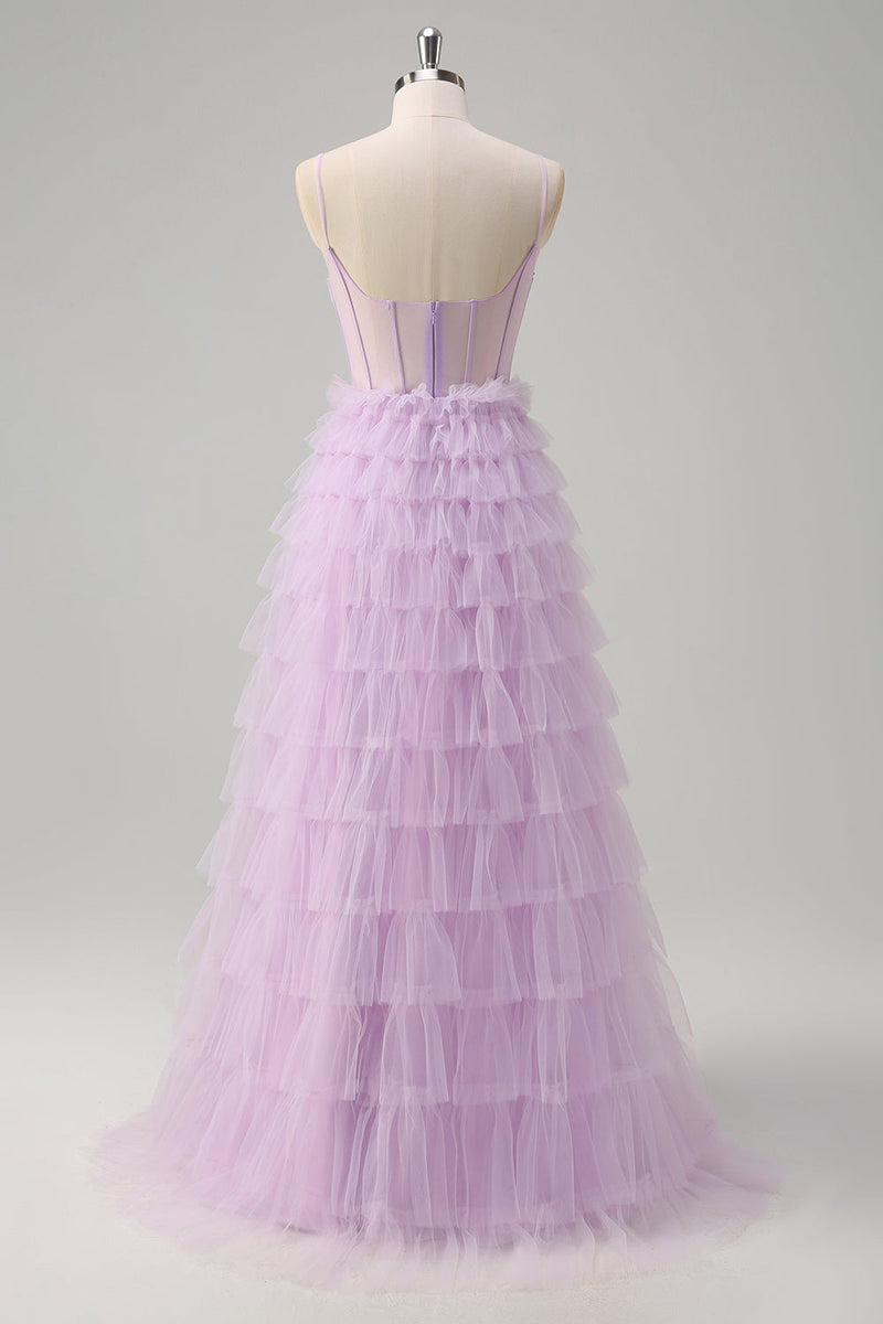 Load image into Gallery viewer, Light Purple A Line Tiered Corset Sheer Long Prom Dress