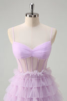 Load image into Gallery viewer, Light Purple A Line Tiered Corset Sheer Long Prom Dress