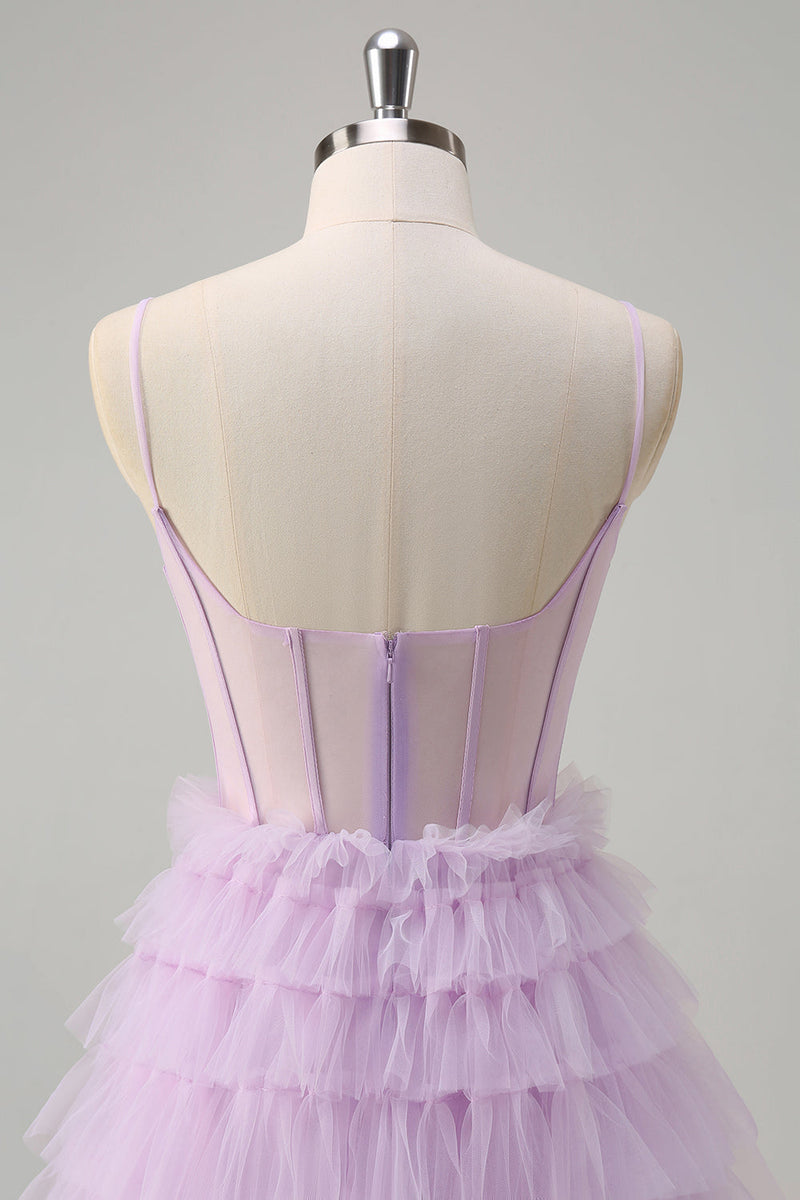 Load image into Gallery viewer, Light Purple A Line Tiered Corset Sheer Long Prom Dress