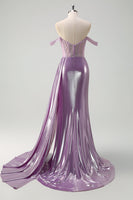 Load image into Gallery viewer, Light Purple Off The Shoulder Mermaid Corset Metallic Prom Dress