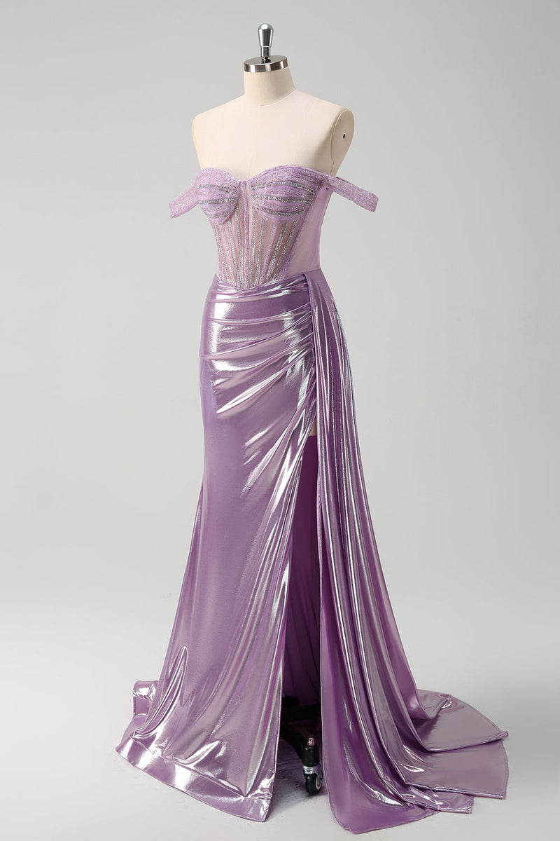 Load image into Gallery viewer, Light Purple Off The Shoulder Mermaid Corset Metallic Prom Dress