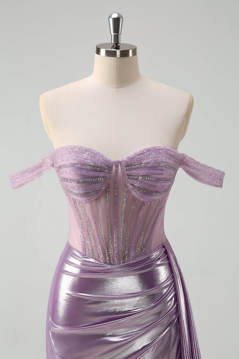 Load image into Gallery viewer, Light Purple Off The Shoulder Mermaid Corset Metallic Prom Dress