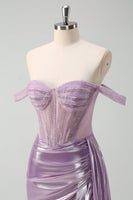 Load image into Gallery viewer, Light Purple Off The Shoulder Mermaid Corset Metallic Prom Dress