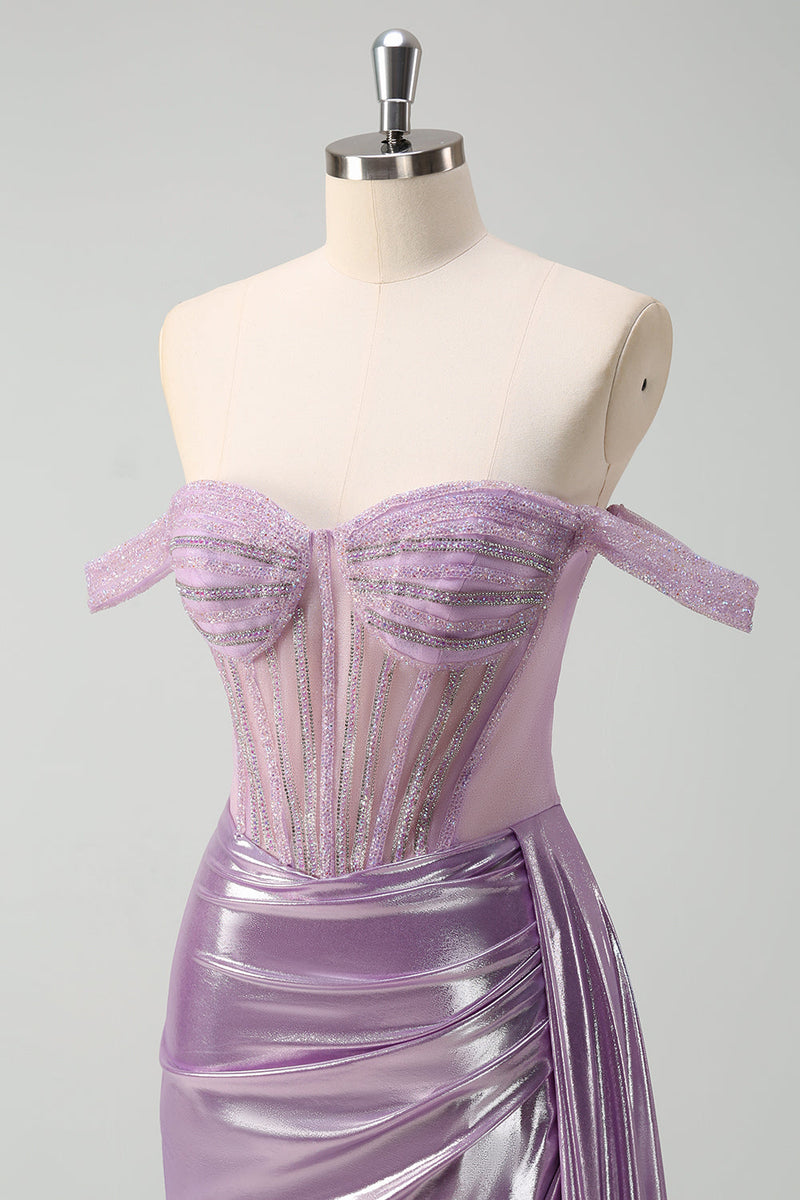 Load image into Gallery viewer, Light Purple Off The Shoulder Mermaid Corset Metallic Prom Dress