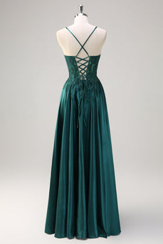Dark Green A Line Satin Beaded Long Prom Dress with Appliques