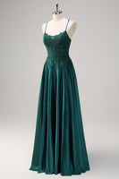 Load image into Gallery viewer, Dark Green A Line Satin Beaded Long Prom Dress with Appliques