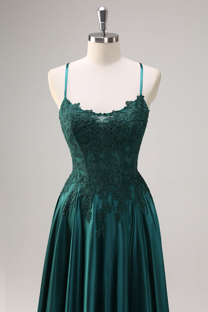 Load image into Gallery viewer, Dark Green A Line Satin Beaded Long Prom Dress with Appliques